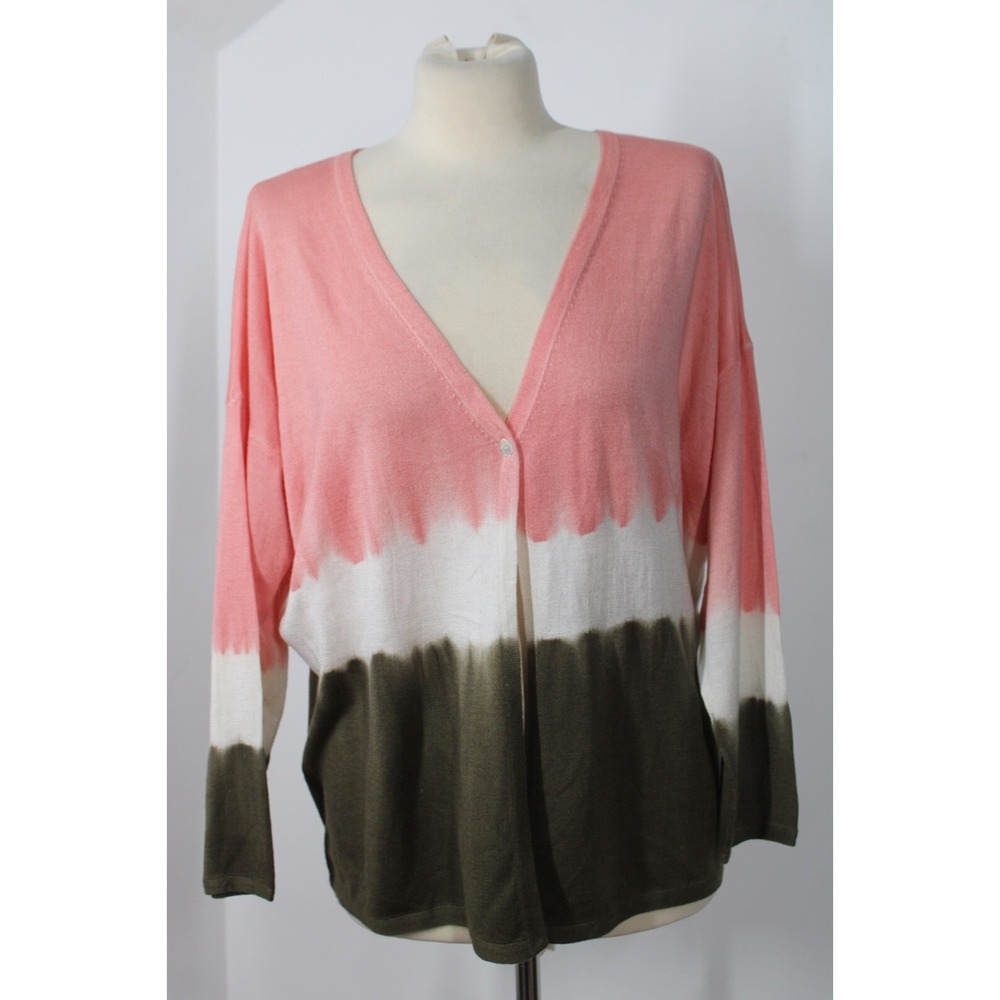 Hemisphere L Pink Green Ombre Stripe Dyed Silk Wool Lightweight Cardigan Sweater
